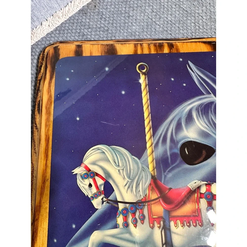 Vintage 1984 Sue Dawe Carousel Horse Wood Wall Art Plaque Fantasy Starry Night